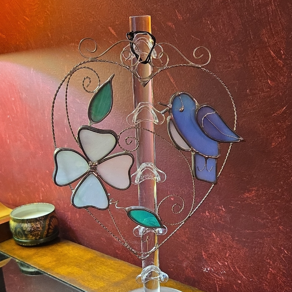 Vtg Stained Glass Heart/Bird/Flower